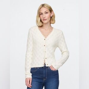 GAP CashSoft Pointelle Cardigan White Knit Coastal Grandma Size Small